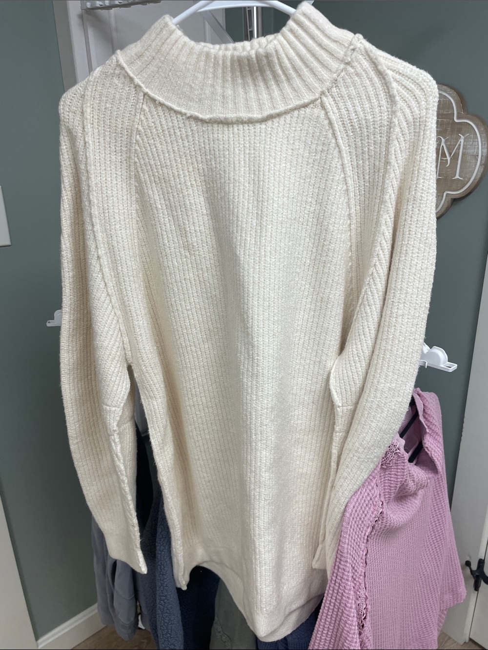 Free People Cream Ribbed Funnel Neck Sweater